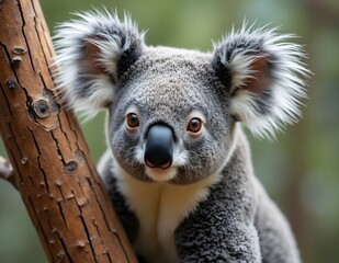 Obraz premium Koala with black round nose and big ears, natural charm of exotic animals calm with tight hug on tree trunk gives the impression of tranquility in the beauty of nature