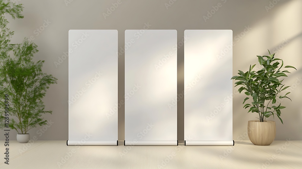 Poster three blank vertical panels stand in a modern space with potted plants, creating a serene atmosphere
