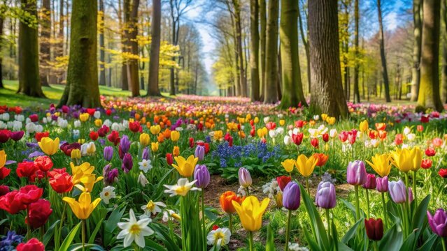 Lush green forest floor covered with vibrant wildflowers of all colors including tulips daffodils and crocuses in spring , spring flowers, colorful blooms