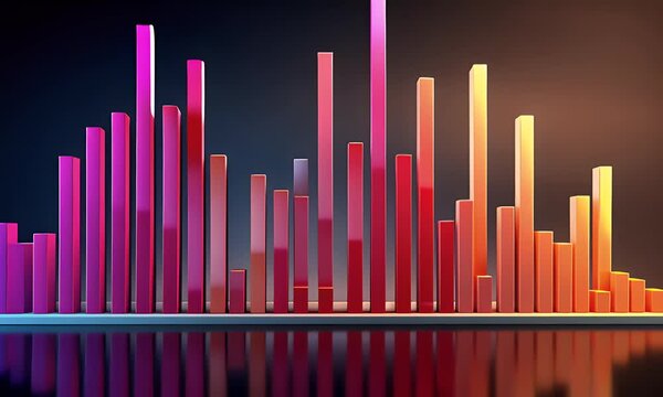 Colorful data bars rise, reflecting on dark floor, abstract background, financial report