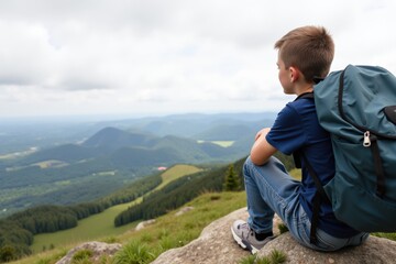 Fototapeta premium Young Boy Enjoying a Scenic View atop a Mountain, Seated on a Rock, Captivated by Nature's Beauty in a Verdant Landscape