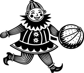 circus performer in whimsical costume, running with a decorative ball and smiling sketch engraving vector