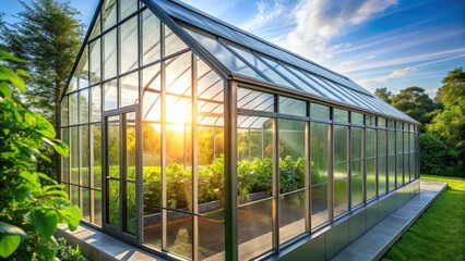 Obraz premium Thin tinted film installed on a modern green house window for energy efficiency and UV protection, solar radiation control, tinted film
