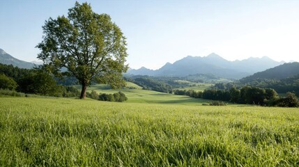 Peaceful meadow, mountains, morning light, tranquil landscape