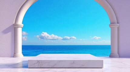 Serene Ocean View Platform A minimalist marble platform stands elegantly beneath a white archway, framing a breathtaking vista of the azure sea meeting the clear blue sky, dotted with fluffy white