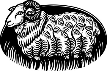 Sheep grazing in an alpine meadow, with mountains, a farmhouse, and other sheep in the background, drawn in an engraved style sketch engraving VECTOR