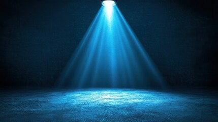 Spotlight Illuminating a Dark Blue Concrete Room, Stage Lighting Effect.