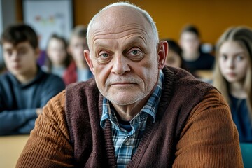 Stern, contemplative teacher gazes directly forward amidst a classroom of diverse students He embodies wisdom and authority, his face etched with years of experience in education The image captures a