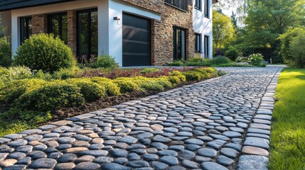 Obraz premium Cobblestone pathway leading to modern home.