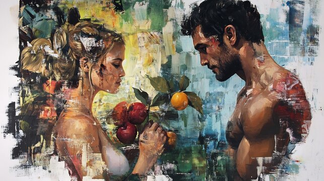 Adam Eve in a contemporary art style blending traditional and modern techniques