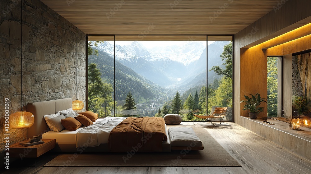 Poster 3d rendering of a modern bedroom in a loft with a beautiful mountain view