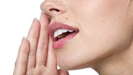 Obraz premium Confidential communication close up of a woman whispering a secret message with hand to mouth