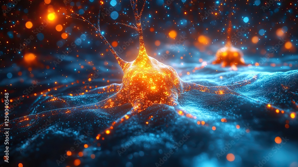 Poster 3d rendering of neuron cell with glowing particles computer generated abstract background