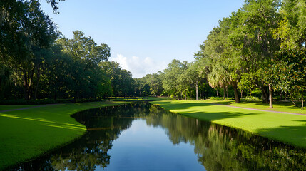Serene Park Landscape with Winding Stream and Lush Greenery