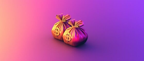 Obraz premium Money bags with dollar signs on colorful gradient background evoke sense of wealth and prosperity
