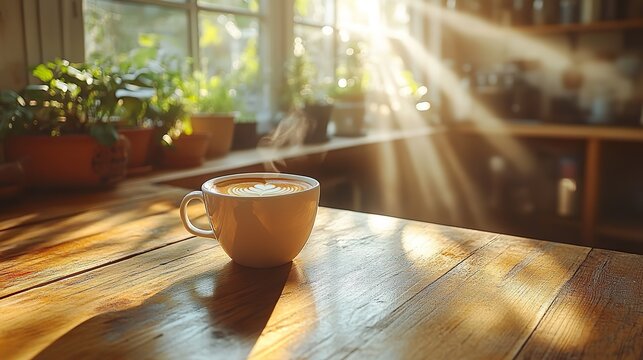 a cup of coffee on a wooden table in a rustic kitchen sun rays from the window