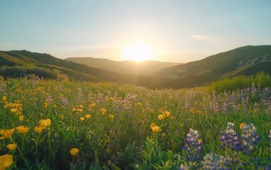 Fototapeta premium Vibrant Wildflower Meadow at Sunset in Coastal California Hills