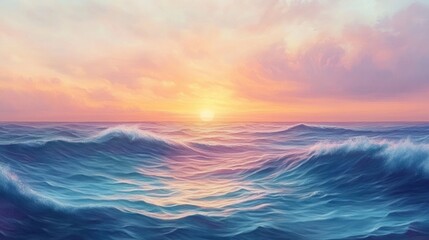 Obraz premium Serene Ocean Waves at Sunset with Pastel Sky, Artistic Impression