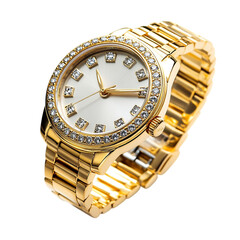 A Stylish Gold Tone Women's Watch with Diamonds Isolated on Transparent Background
