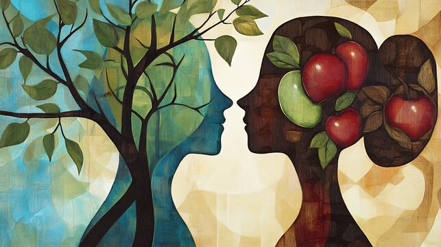 Adam Eve in a contemporary art style blending traditional and modern techniques