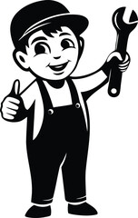 Cartoon mechanic or plumber boy holding a wrench vector, Cartoon mechanic or plumber boy holding a wrench silhouette and line art vector illustration