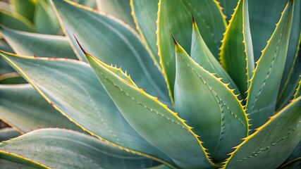 Close up vibrant green agave plant with sharp yellow thorns detail in natural outdoor setting