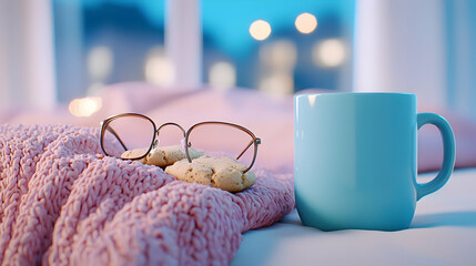 Cozy Reading Nook, a comfortable space featuring a steaming cup of coffee, an open book, glasses, and a plate of cookies inviting relaxation.