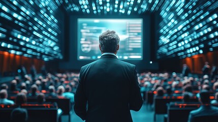 An entrepreneur presenting their vision in a futuristic auditorium
