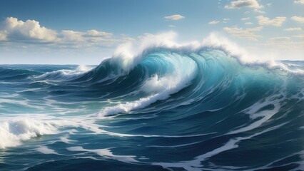 a watercolor painting of a large wave crashing into the shoreline in the ocean