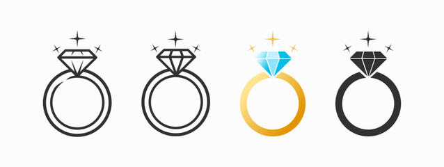 Diamond Ring jewelry Vector Icon. line, solid, gold style icon good for engagement weeding proposal design
