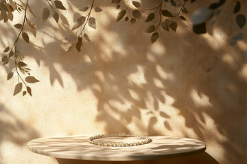 Elegant jewelry display on a minimalist pedestal with natural leaf shadows