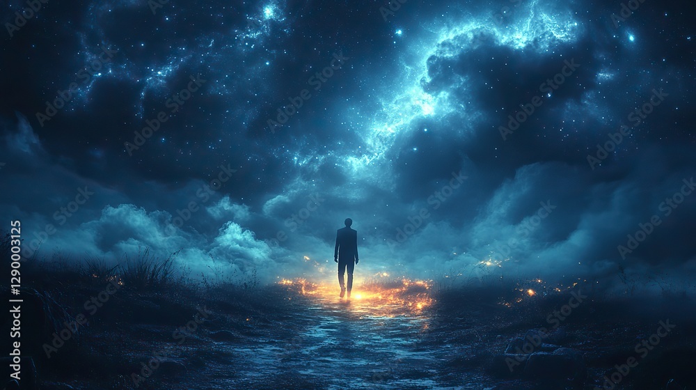 Poster alone on the moonlit path man looking at the night sky walking a path