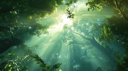 Obraz premium Lush Rainforest Canopy with Sunbeams A Mystical and Serene Tropical Forest Scene.