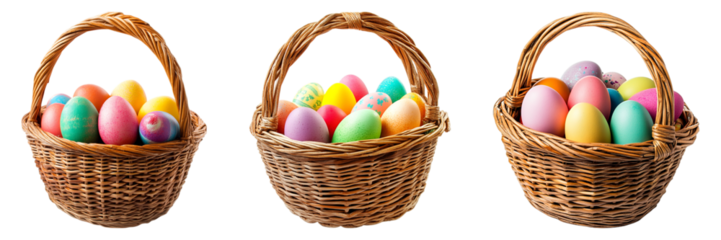 Set of  woven Easter basket filled with colorful eggs isolated on transparent background, in PNG format, cut out
