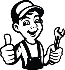 Cartoon mechanic or plumber boy holding a wrench vector, Cartoon mechanic or plumber boy holding a wrench silhouette and line art vector illustration