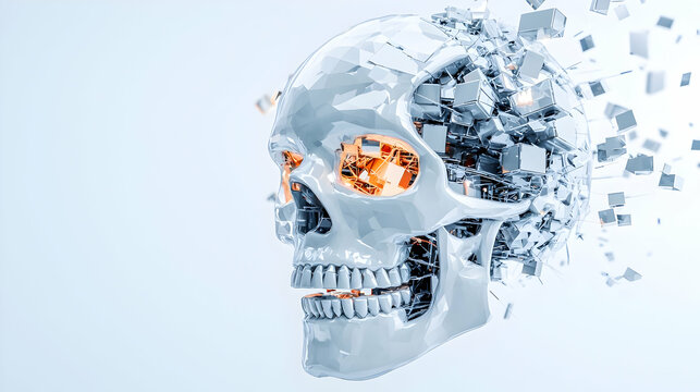 Digital skull icon, binary code background, vibrant orange highlights, modern tech aesthetic, fusion of art and technology, futuristic design element
