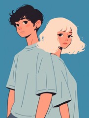 Obraz premium Cute couple illustration featuring a black-haired man and a woman with a white curly blonde bob, both wearing light blue t-shirts. 
