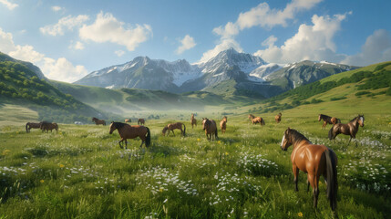 Obraz premium herd of curious horses grazing