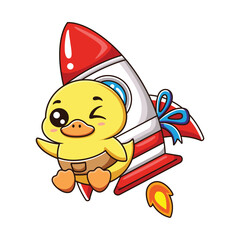 Cute duck flying with rocket. Vector cartoon illustration isolated on white background