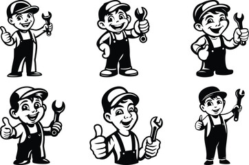Cartoon mechanic or plumber boy holding a wrench vector, Cartoon mechanic or plumber boy holding a wrench silhouette and line art vector illustration set