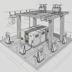 Electric Vehicle Charging Station Infrastructure with Battery Storage and Power Units on Engineering Blueprint