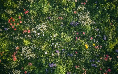 Aerial View of Blooming Wildflower Meadow with Daisies, Clover, and Colorful Wildflowers in Spring Sunlight.