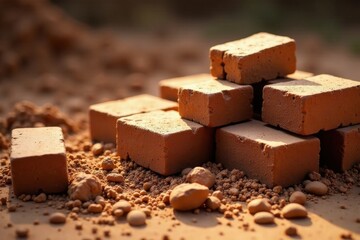 A stack of sunlit clay bricks rests on a bed of fine reddish-brown dust and small stones, suggesting a construction or manufacturing setting.