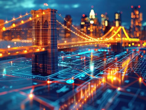 Fototapeta Digital Cityscape: A Futuristic Vision of the Brooklyn Bridge