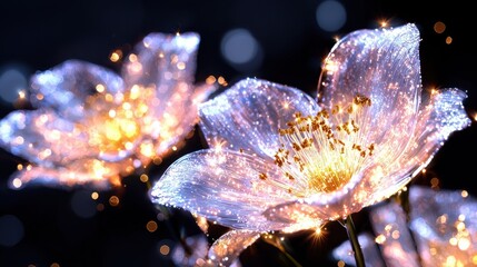 Ethereal and delicate floral blossoms radiating a captivating celestial glow with a sparkling crystalline beauty that evokes a sense of wonder and enchantment