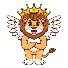 Cute king lion with wings. Vector cartoon illustration isolated on white background