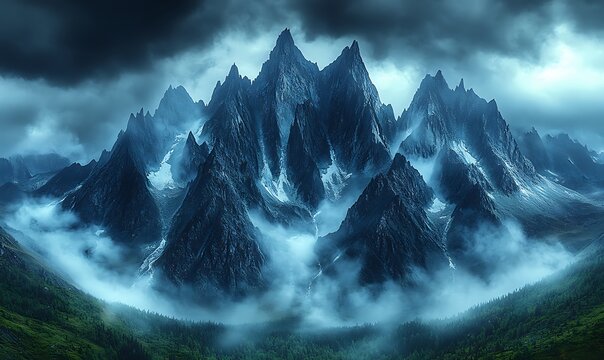 Mysterious mountains shrouded in mist and dramatic clouds, creating an atmospheric landscape.