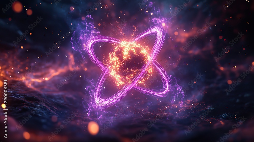 Poster atom symbol with violet pathways circling a central nucleus depicted on a dark backdrop