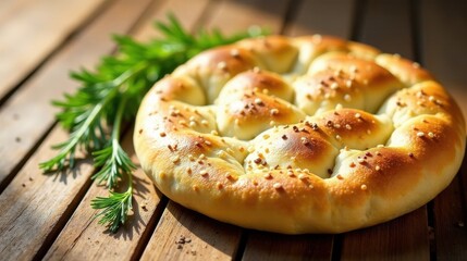 Golden-brown baked bread with sesame seeds resting on a rustic wooden surface alongside fresh green herbs