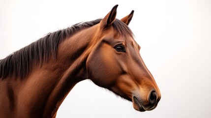 Fototapeta premium Portrait of a bay horse, soft light, white background, showcasing elegance and calm presence. 
